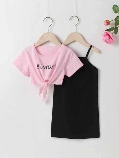 

toddler girls letter graphic knot tee with cami dress she01, White