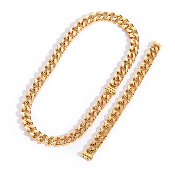 Hip Hop Hop Link Chain Chain Chart Bracelet Conjunto pesado 18k colar de metal de aço inoxidável de ouro de 18k para homens 10mm 12mm