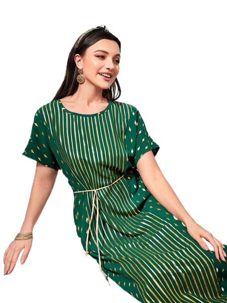 

1pc striped & geo print dolman sleeve belted dress h0th#, Black;gray