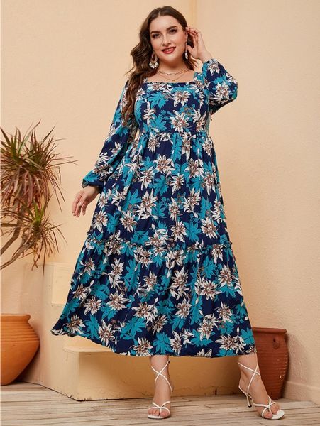 

plus floral print lantern sleeve square neck ruffle hem dress v17d#, Black