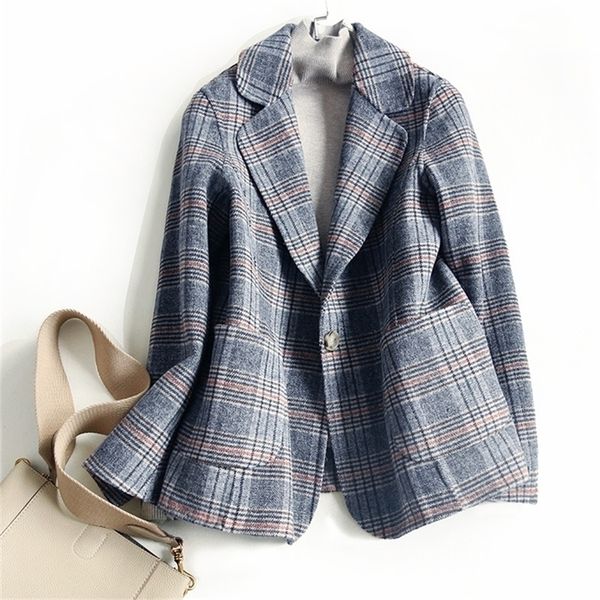 

women 80%wool 20%poly plaid office lady blazer single button two pocket jacket spring autumn wool coat female k276 y201026, White;black