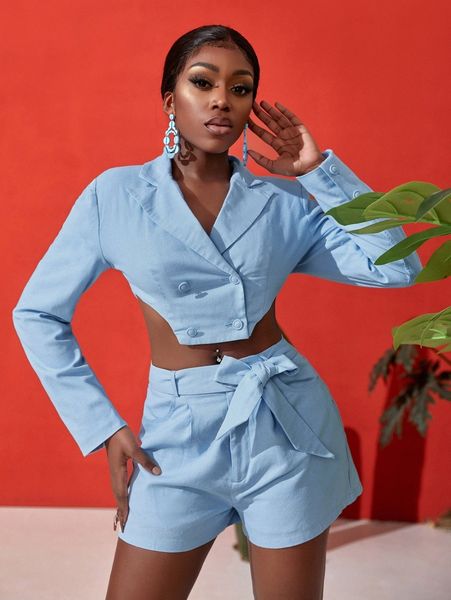 

sxy solid double button asymmetrical hem crop blazer 67b1#, White