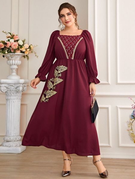 

plus guipure lace appliques flounce sleeve dress 85kh#, Black
