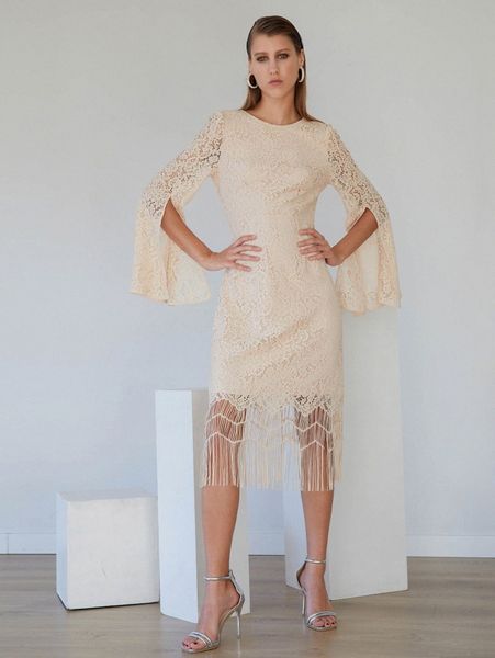 

motf premium lace fitted fringe split sleeve dress e9s6#, Black;gray