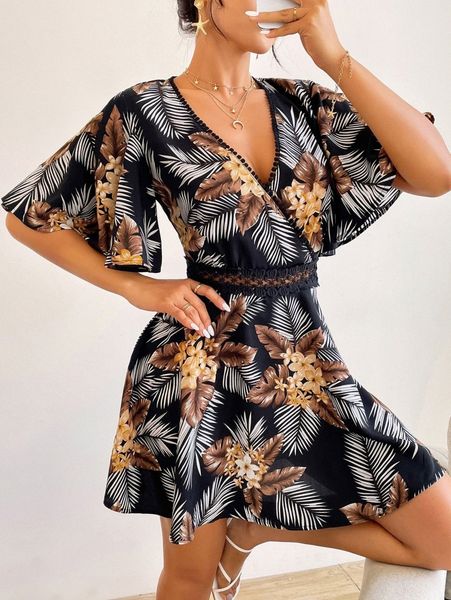 

tropical print butterfly sleeve guipure lace insert dress 91au#, Black;gray