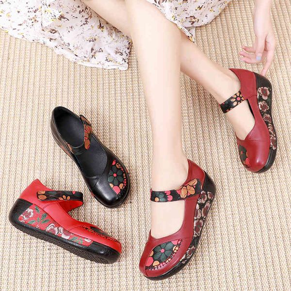

dress shoes spring and autumn national style slope heel mother's shoes soft soled handmade leather medium thick single middle-aged 75sk, Black