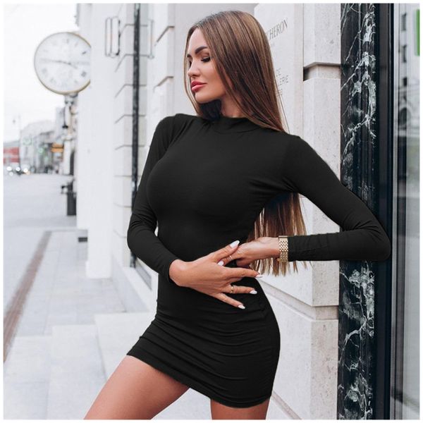 

autumn solid color turtleneck skinny mini dress women fall keep warm long sleeve slim 220521, Black;gray