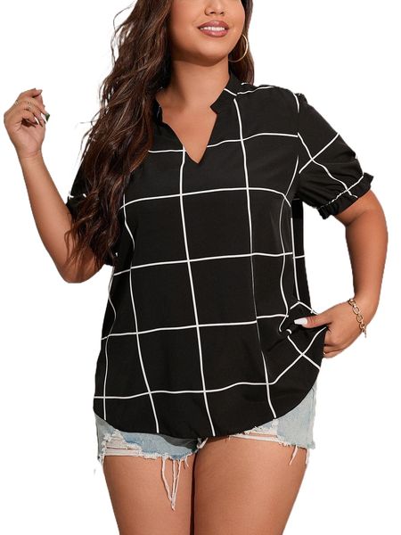 

plus grid print notched neckline blouse i50w#, Black