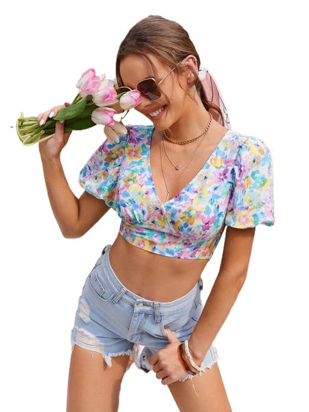 

allover floral print puff sleeve tied backless crop w2o5#, White