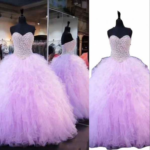

2022 lilac quinceanera ball gown dresses sweetheart beaded pearls ruffles tiered open back floor length formal party prom evening gowns, Blue;red
