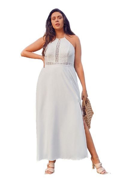 

plus contrast lace tassel tie backless halter dress o84e#, Black