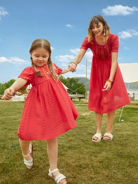 

toddler girls 1pc floral embroidery puff sleeve smock dress she, Red;yellow