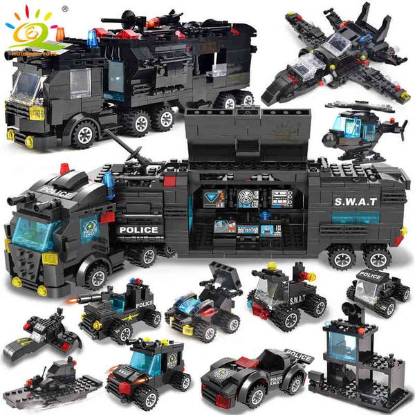 

huiqibao swat police station truck model building blocks city machine helicopter car figures bricks educational toy for children aa220317