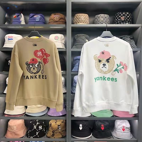 

women's knits & tees designer 2022 spring new korean mlb frown bear print embroidery small label terry cotton loose couple round neck s, White