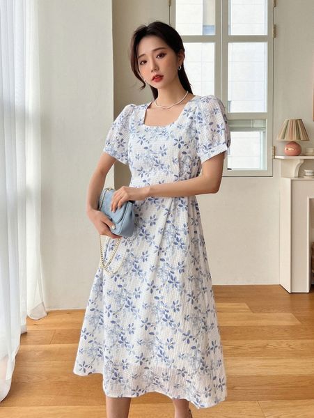 

dazy allover floral print square neck puff sleeve tie back dress c7b1#, Black;gray