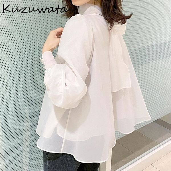 

kuzuwata chic voile lantern long sleeve bow drawstring shirts spring sweet women blouse fresh aesthetic femme blusas 210308, White
