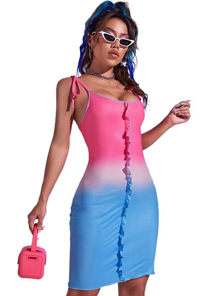 

ombre ruffle trim tie shoulder dress i7je#, Black;gray