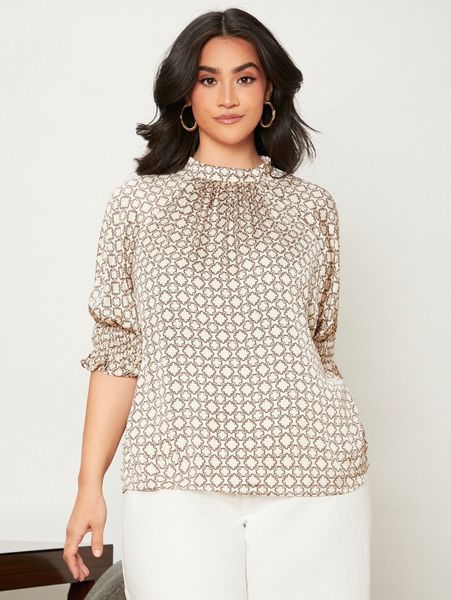 

plus allover print mock neck shirred cuff flounce sleeve blouse 669f#, Black