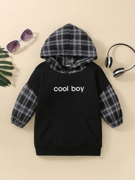 

baby letter and plaid print hoodie she, Black