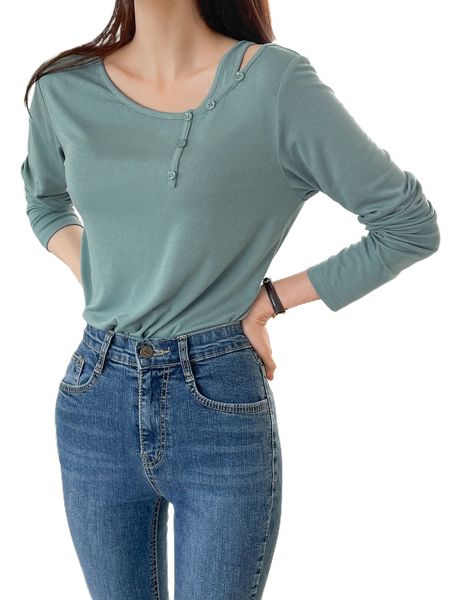 

dazy asymmetrical neck cut out fake button tee u3mp#, White