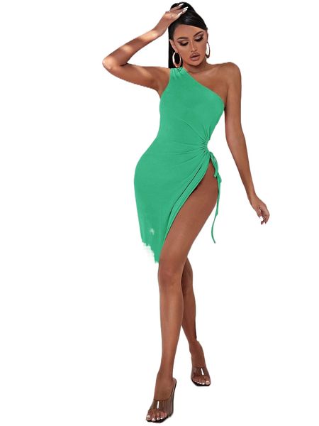 

sxy one shoulder drawstring knot side split thigh dress 16tw#, Black;gray