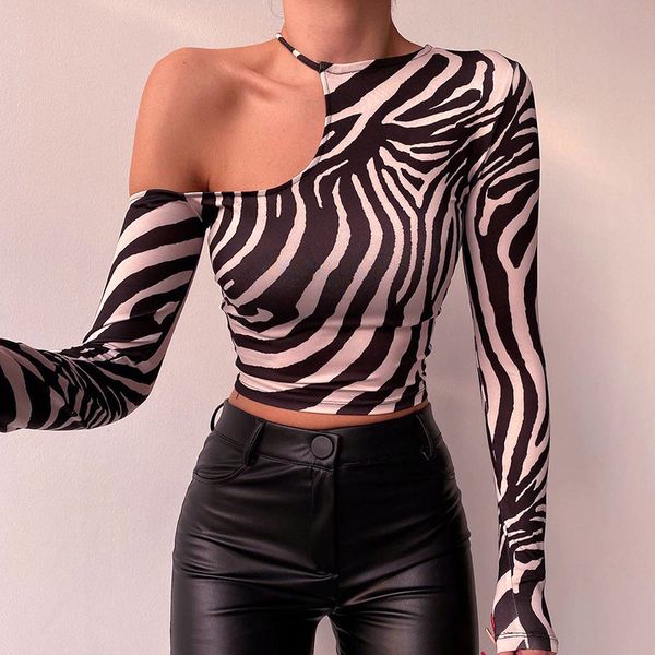 

women s t shirt long sleeve strapless irregular zebra print spring product short y2k tees streetwear girls 220714, White