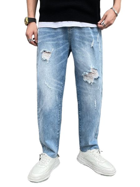 

men ripped raw hem jeans 31el#, Blue