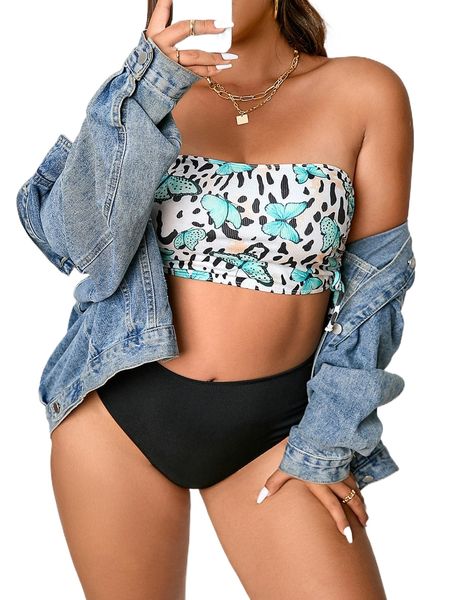 

plus graphic & butterfly print tube bikini swimsuit k9l9#, White;black