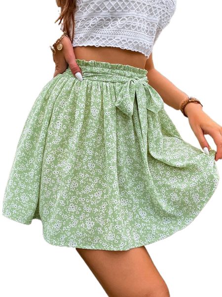 

ditsy floral paper bag waist belted skirt a19v#, Black