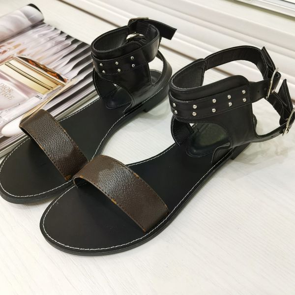

classic rivet retro pu sandals luxury woman ankle high designers leather summer sandals ladies beach roman loafers outdoor home beach slide, Black