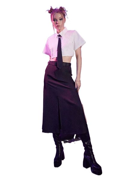 

romwe cyber luvr solid split thigh skirt 40wy#, Black