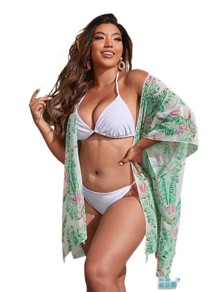 

plus tropical print kimono 50ri#, Black;gray