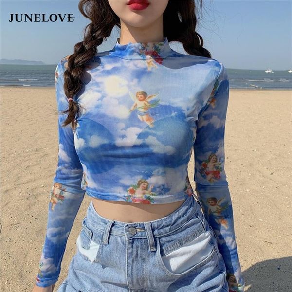 Junelove Angel Print Sheer Blue Black Mesh Mesh Longa Camisas de Blusa Mulheres Spring Summer Summer Summer Pullovers elegante sexy See atrav￩s dos tops 220810