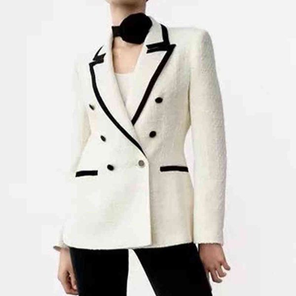 

women fashion with contrast piping tweed blazer coat vintage long sleeve pockets female outerwear chic veste femme l220714, White;black