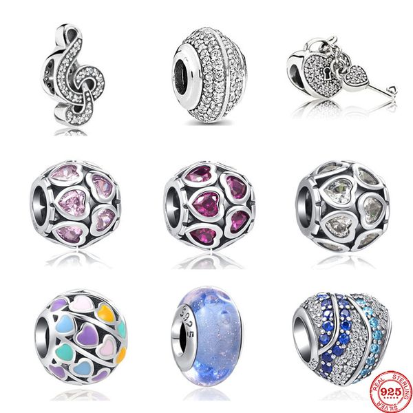 925 Sterling Silver Ciondola Charm New White Pave Key Lock Pink Rose Red Heart Ribbon DIY Fine Bead Fit Pandora Charms Bracciale Accessori gioielli fai da te