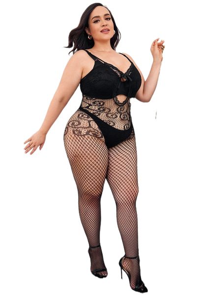

plus cut out bow detail fishnet bodystocking without lingerie k5jp#, Black;white