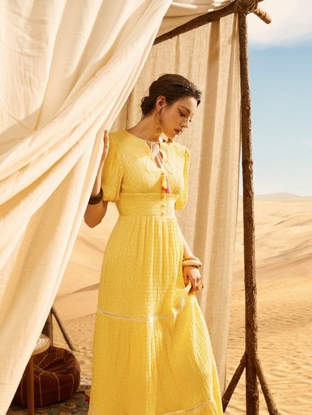 

tie neck puff sleeve ruffle hem dress f8jp#, Black;gray