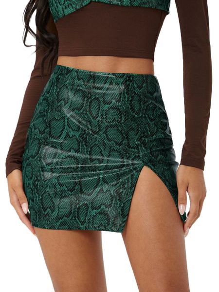 

snakeskin print split hem pu leather skirt n3iq#, Black