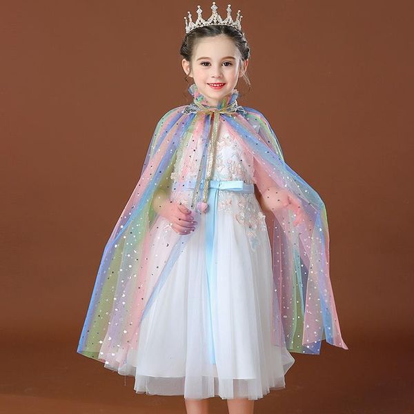 

girl princess party dress costume drawstring sequin tulle cape cloaks halloween up mantle for performance, Red;yellow