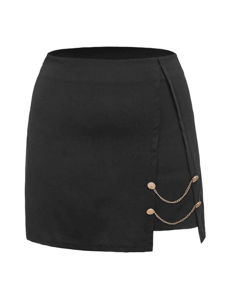 

plus chain detail high waist skirt j748#, Black