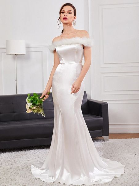 

off the shoulder fuzzy panel mermaid hem dress 565r#, Black;gray