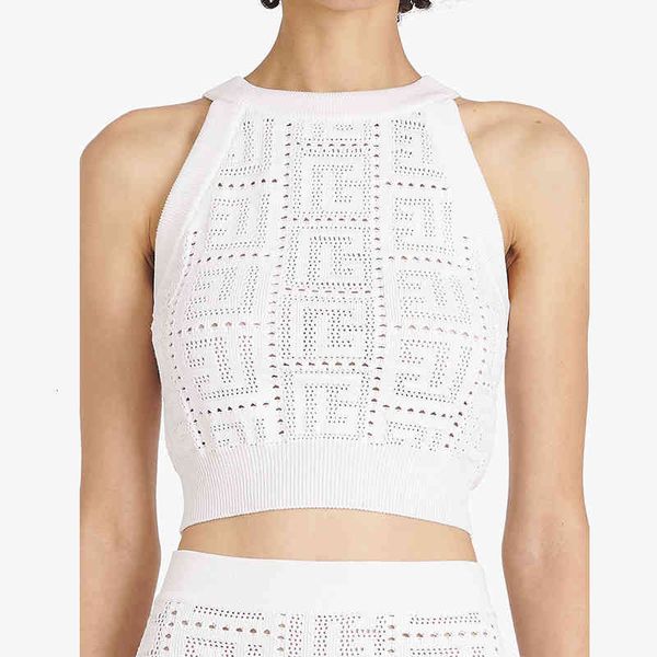 

women's t-shirt spring summer arrival woman hollow knitted crop tank sleeveless crew neck vks2, White
