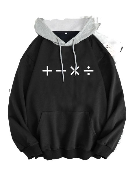 

men geo print kangaroo pocket drawstring hoodie v7gy#, Black