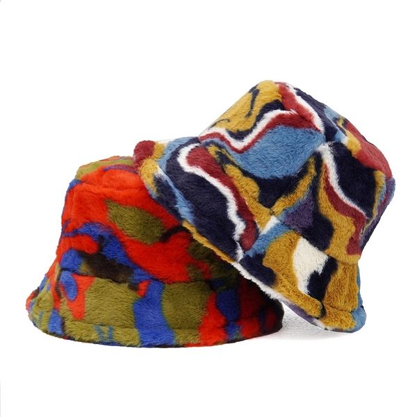 Autunno Inverno Camouflage Pelliccia Sintetica Cappelli a Secchiello Donna Ragazza Moda Caldo Morbido Velluto Soffice Cappello da Pescatore da Donna Panama all'aperto