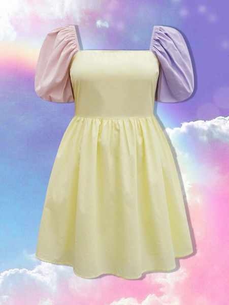 

plus colorblock puff sleeve square neck dress m7sk#, Black