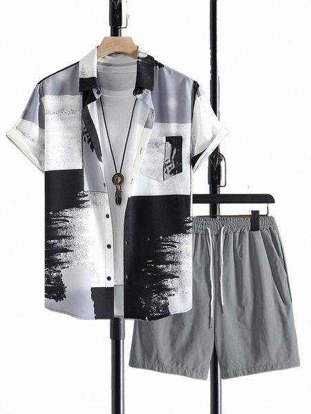 

men color block brush print shirt & shorts without tee l5gz#, Gray