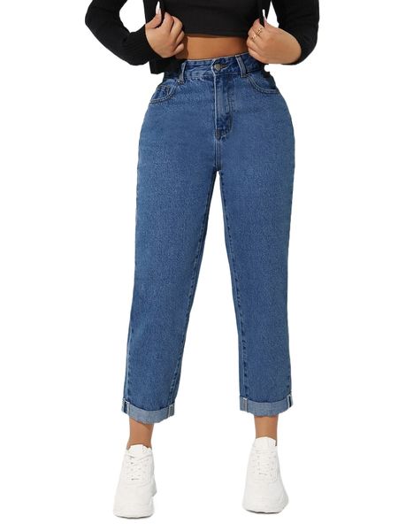 

petite high waist roll hem mom cropped jeans x32s#, Blue