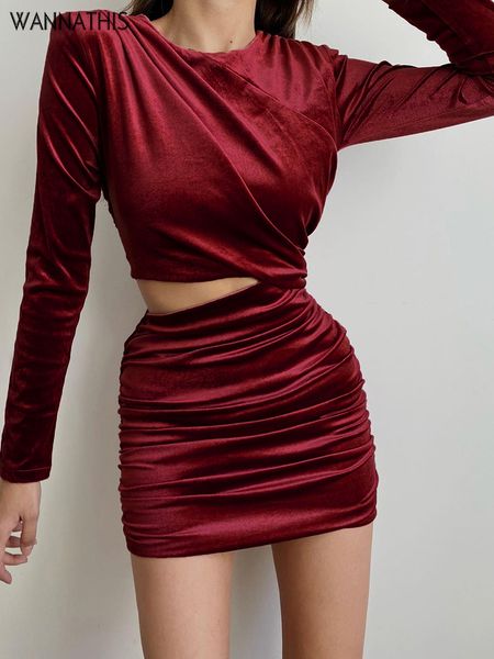 

velvet bodycon mini dress ruched hollow out shrug waist women long sleeve o neck red dresses for woman fall 2022, Black;gray