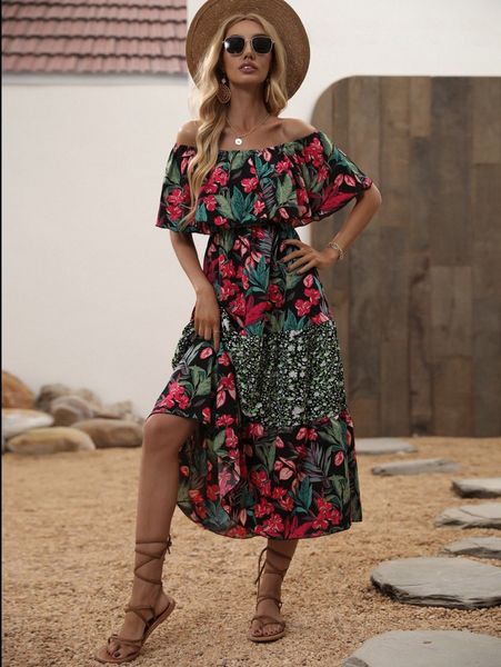 

floral print off shoulder ruffle trim dress q1jl#, Black;gray