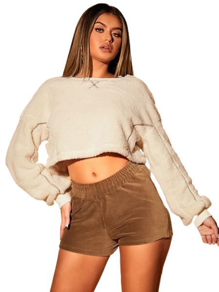 

sxy lantern sleeve contrast stitch teddy pullover 35fv#, Black